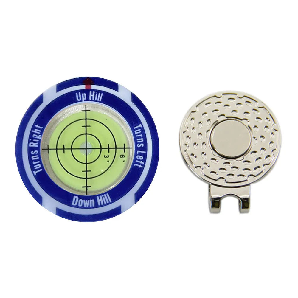 Golf Level measurement tool with hat clip, spirit level vial, and position mark for putting alignment