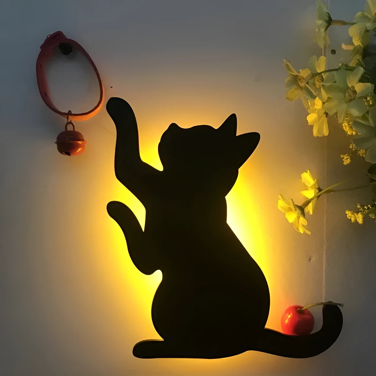 Black LED cat night light with acrylic shade and voice control, warm yellow light for bedroom or corridor