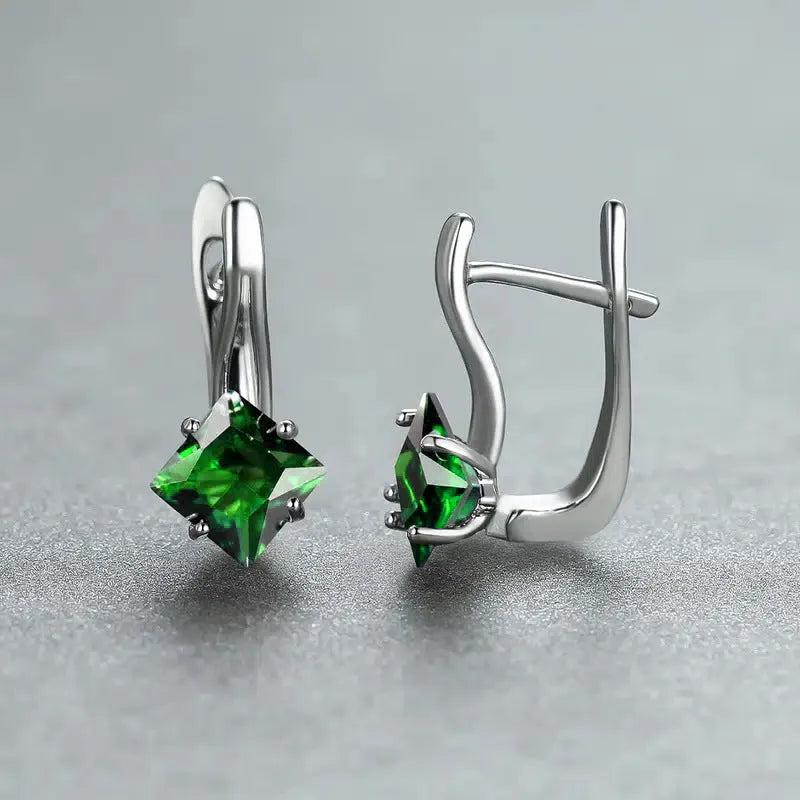Women's copper earrings with diamond design and zircon inlays in blue, green, and colour options