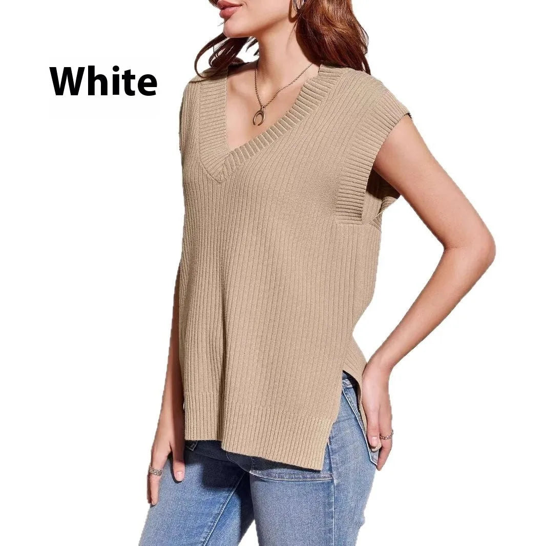 V-neck sleeveless loose pullover vest in camel colour with striped pattern
