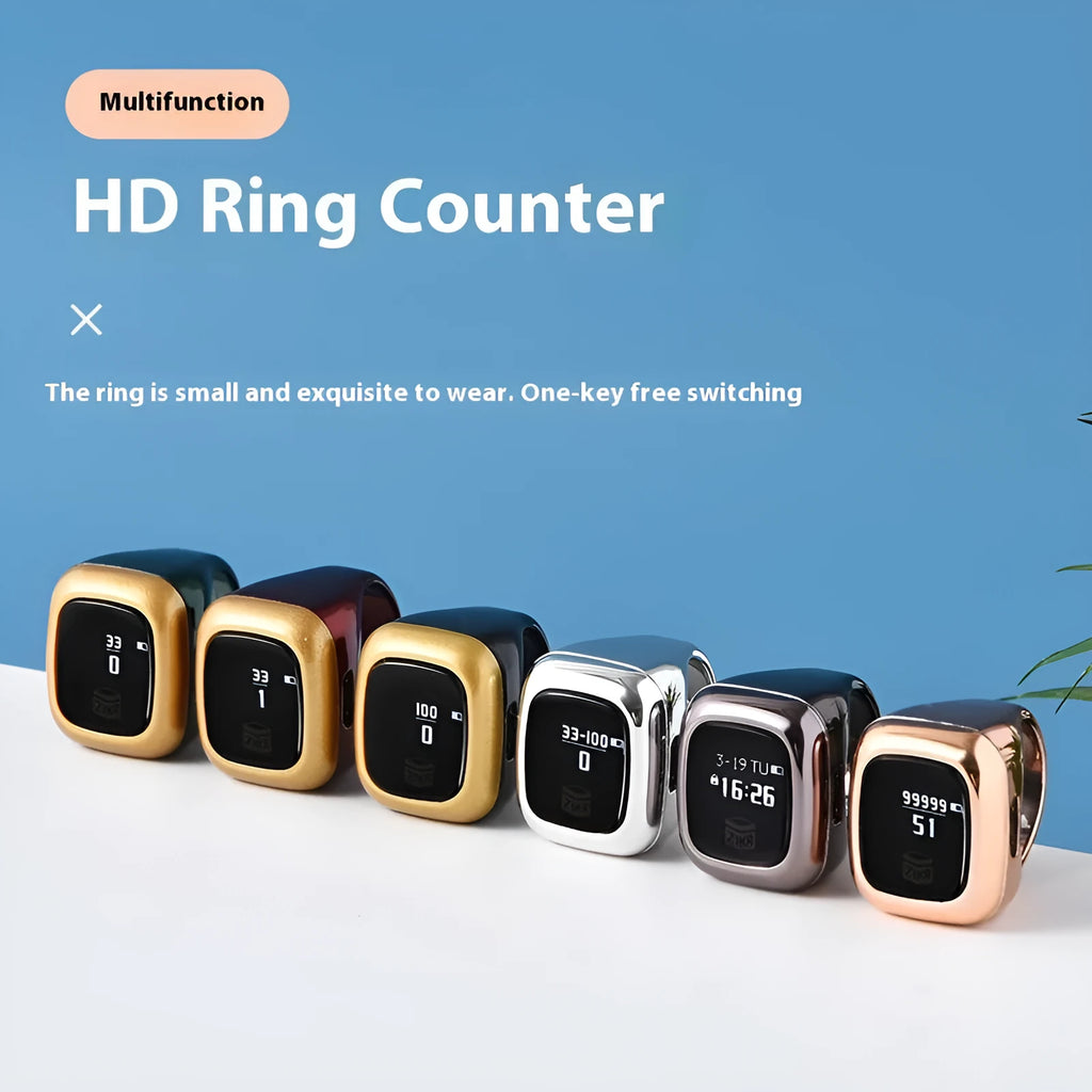 Al-Fatiha electronic dhikr counter with digital display in rose gold, black, and green colour options.