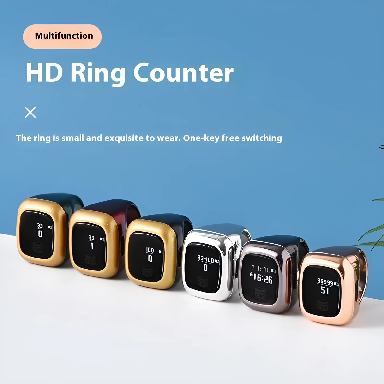 Al-Fatiha electronic dhikr counter with digital display in rose gold, black, and green colour options.