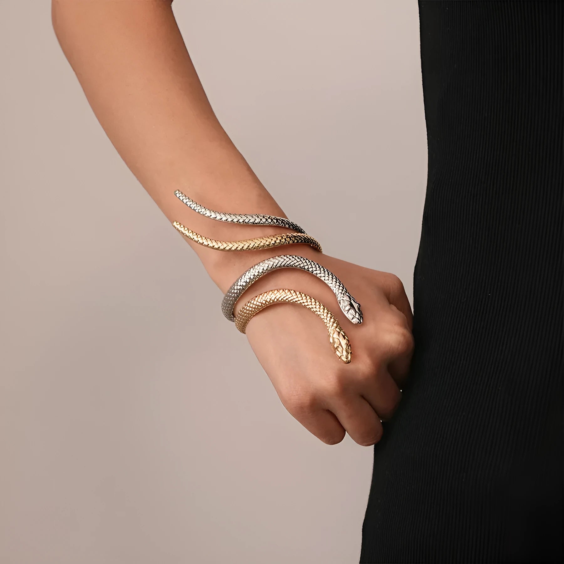 Gold and silver snake ring bracelet set with exaggerated twisted winding design