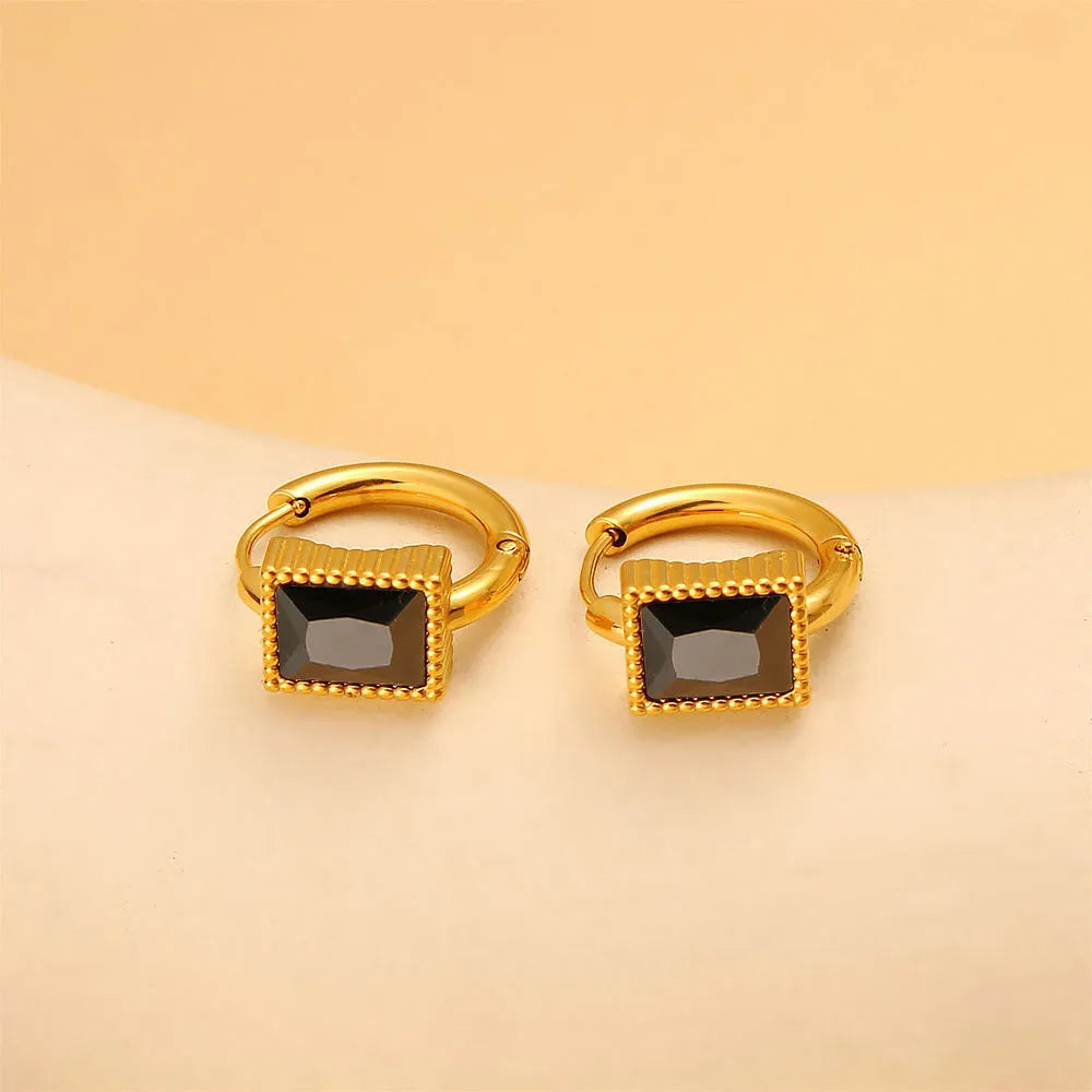 Geometric square zircon stud earrings with a round ring element on stainless steel, in white, black, or green.