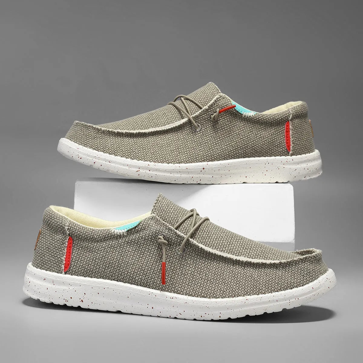 Men's laceless canvas shoes in black, grey, blue, or beige, low top with elastic band, sizes 40-48