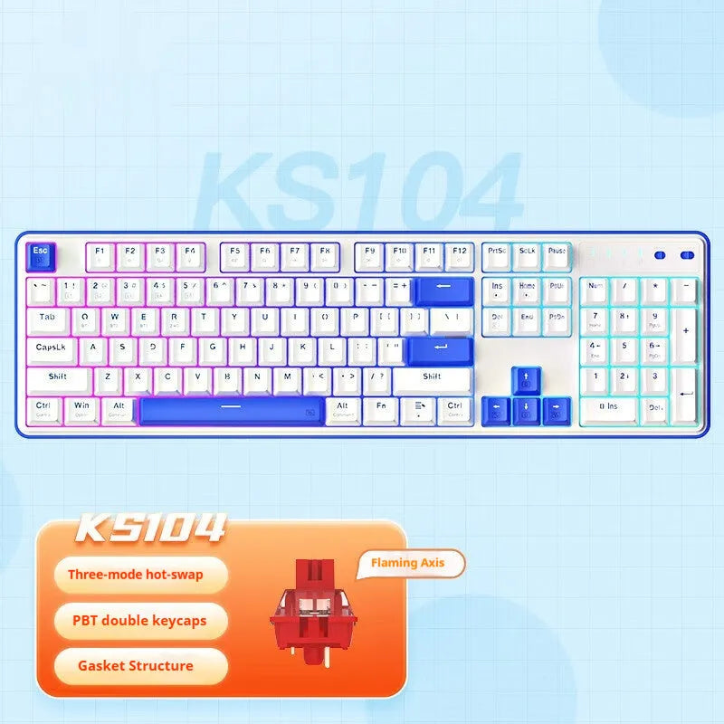 Three-mode mechanical keyboard with 104 keys in multiple colour options showing USB-C port and wireless connectivity
