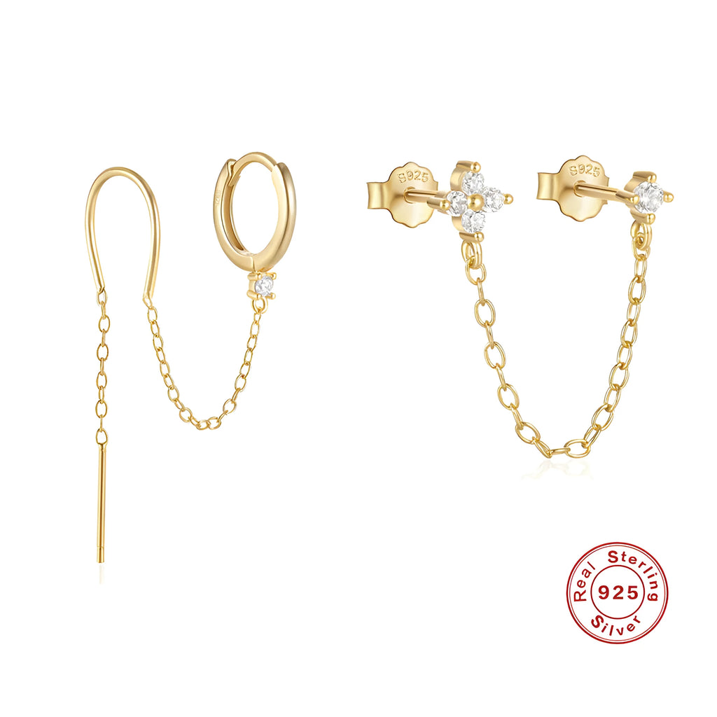 S925 sterling silver geometric flower tassel chain clip stud earrings with a gold electroplated finish.