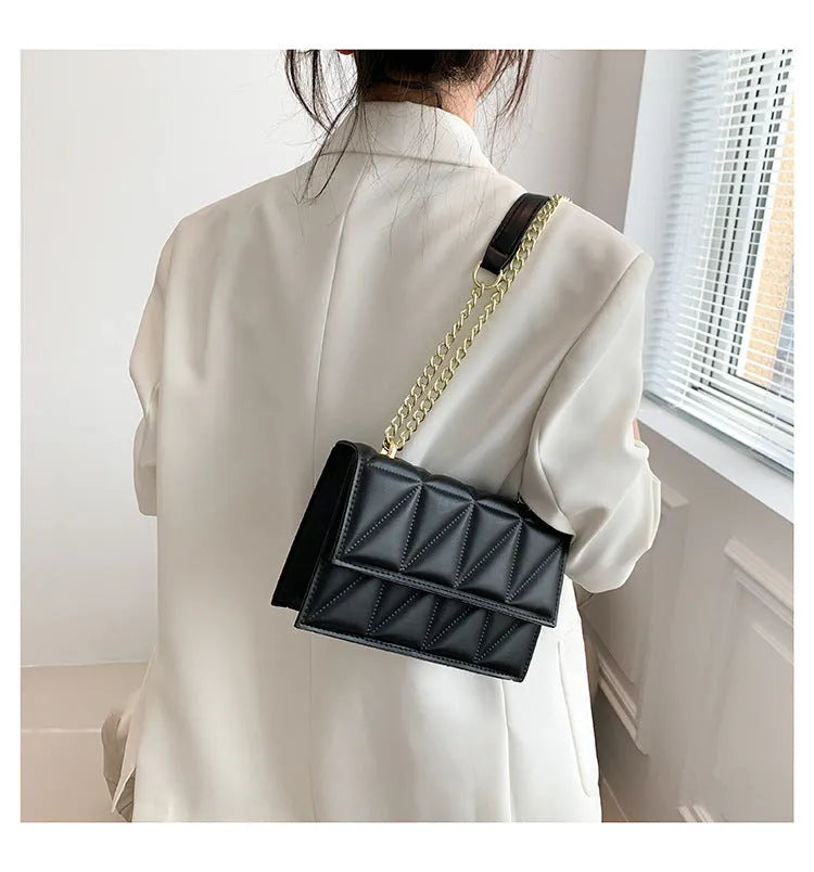 Small square PU crossbody bag with chain strap, 22cm wide, in white black green rose red or orange