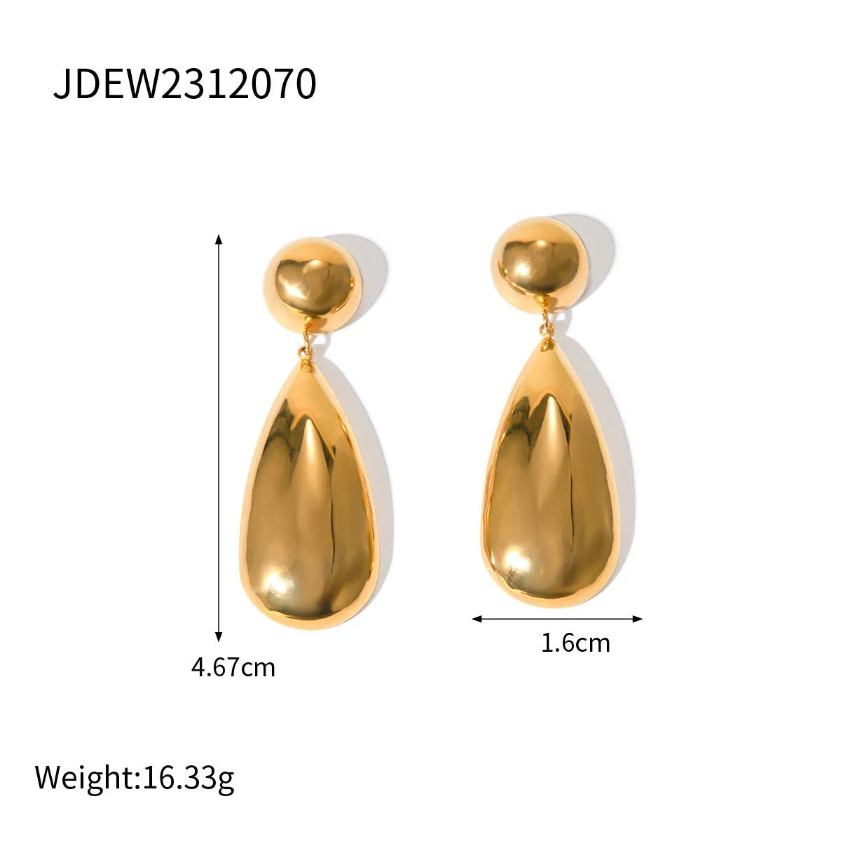 Gold electroplated stainless steel earrings with geometric water drop pendant and hemisphere design