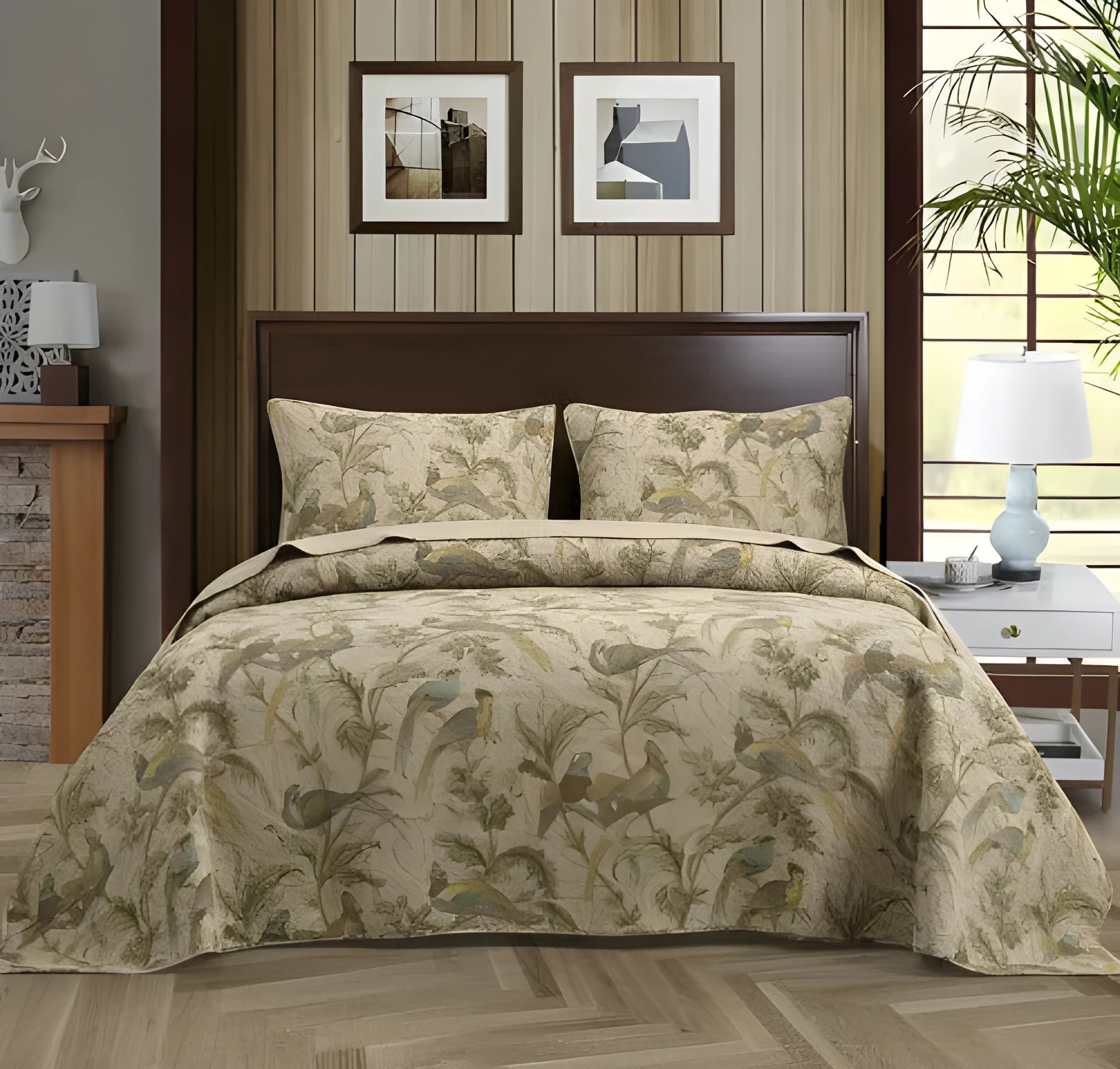 Blue cotton bedspread with American flower and bird quilted pattern, 230x250 cm three-piece set.