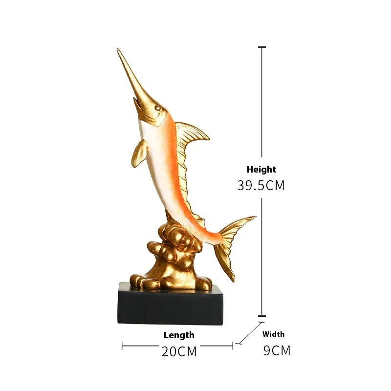 Detailed resin European swordfish decoration in a choice of four colours on a shelf.