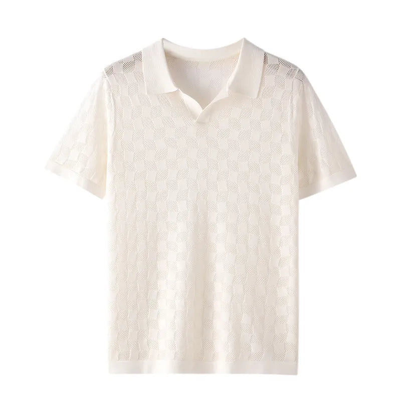 Men's short sleeve lapel sweater in mulberry silk, shown in a solid colour with a jacquard texture.