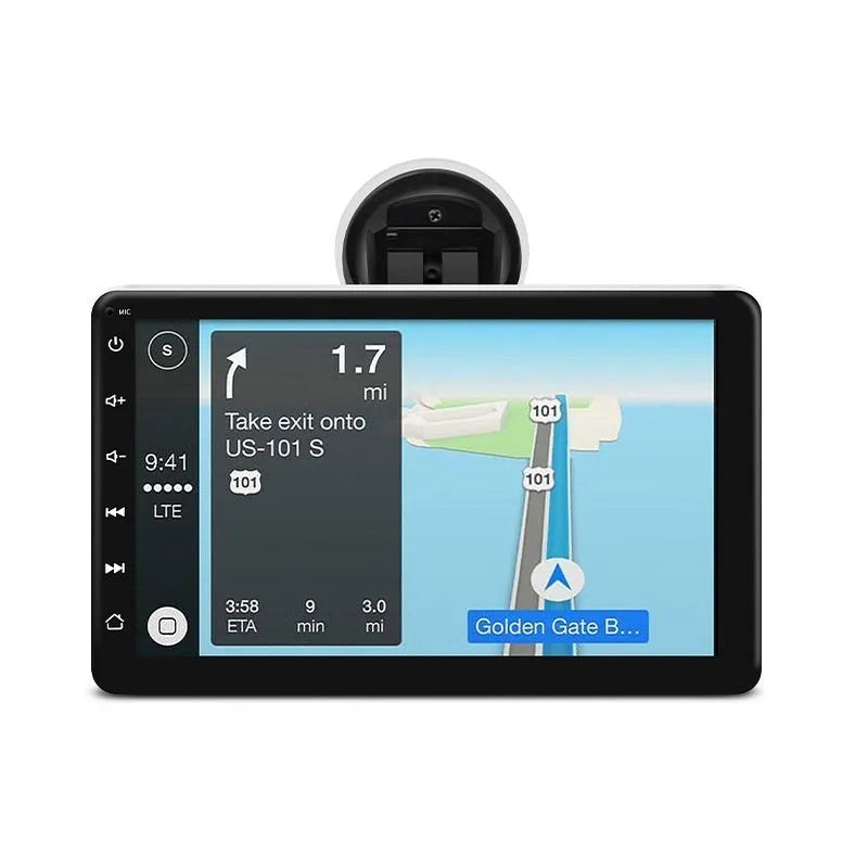 7 inch car GPS navigation unit with OLED display showing map, featuring wireless CarPlay and reversing camera connectivity