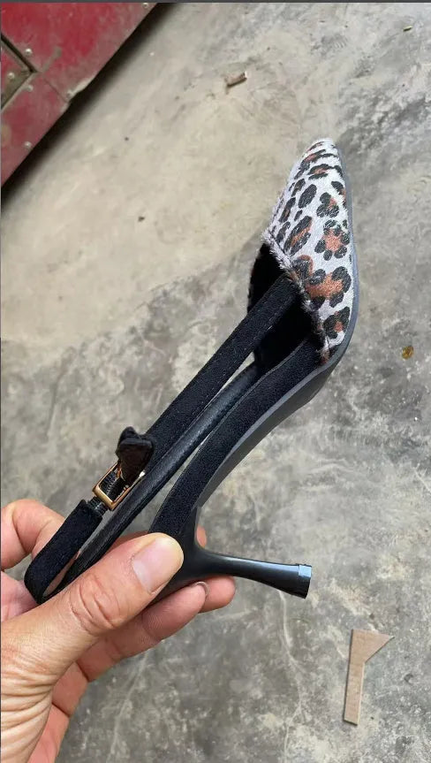Women's leopard print suede sandals with pointed toe design and high heels