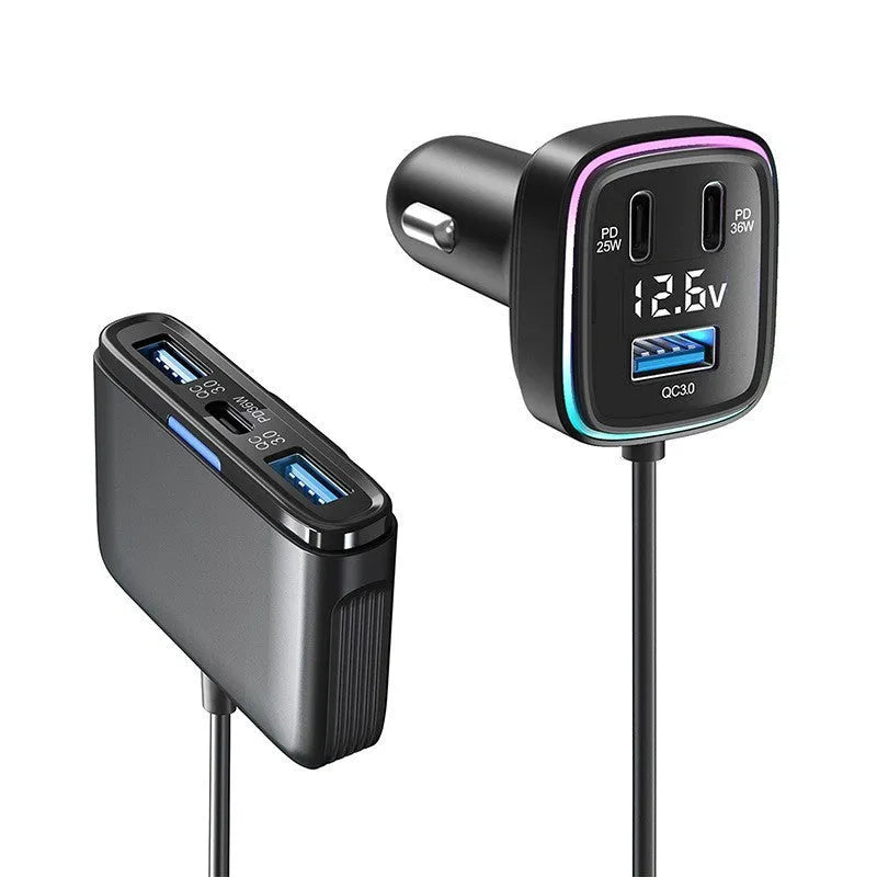GE01 car charger with 115W output, 12-24V input, ABS PC body, 4.1x3.45x7.4cm size
