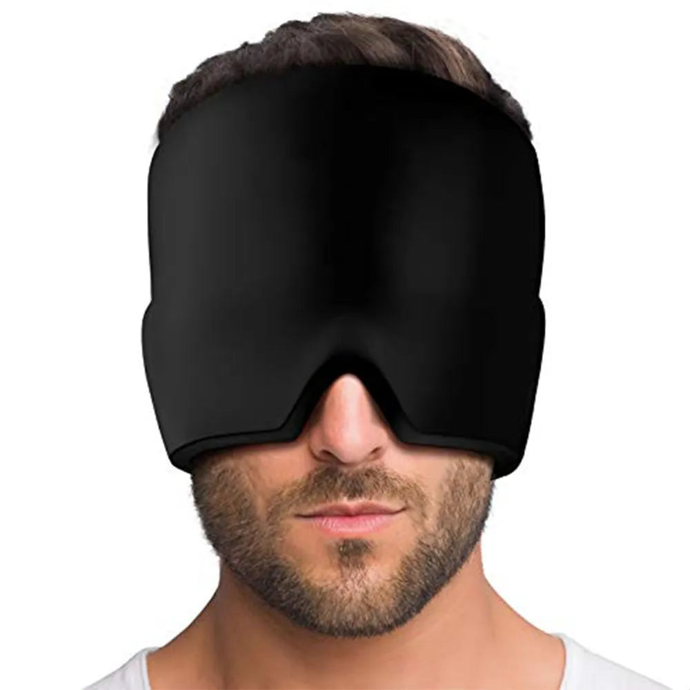 Black elastic cloth gel eye mask for headache relief showing adjustable design