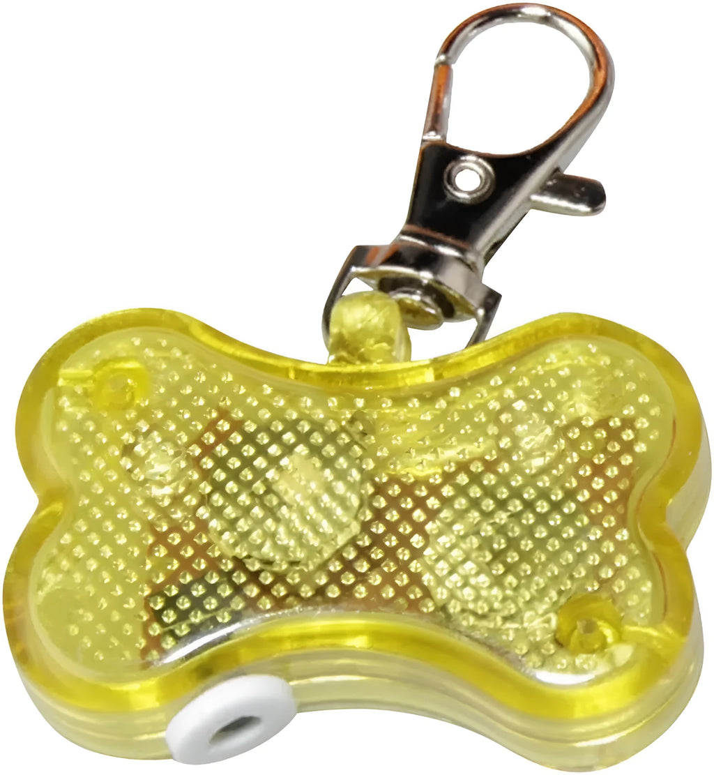 Blue LED luminous bone-shaped pendant for pet collars showing three light modes.
