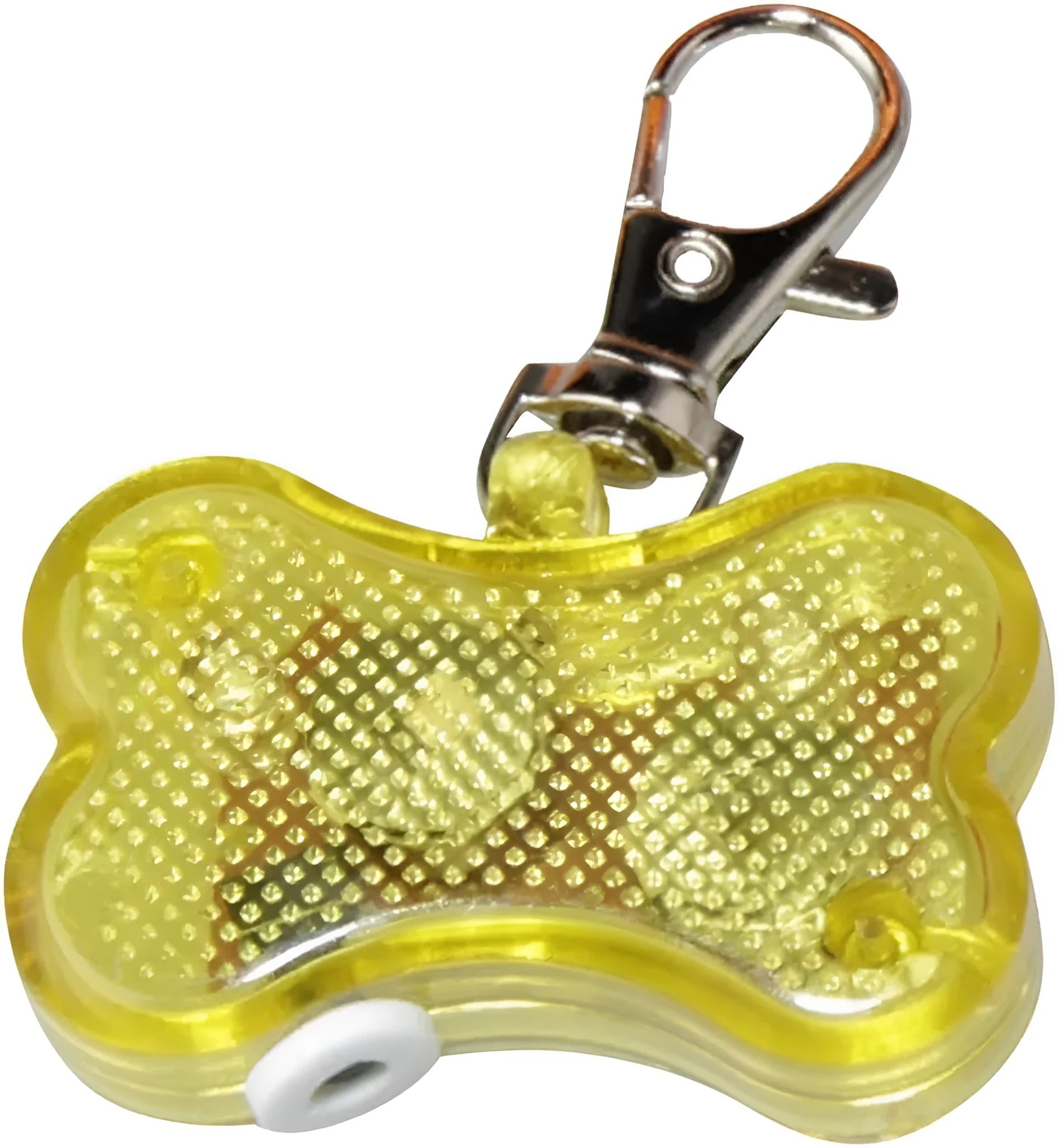Blue LED luminous bone-shaped pendant for pet collars showing three light modes.
