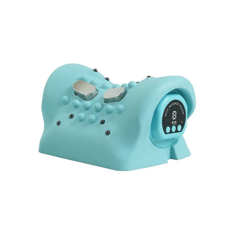 Blue-green portable massage pillow for neck and shoulders with EMS and heat functions