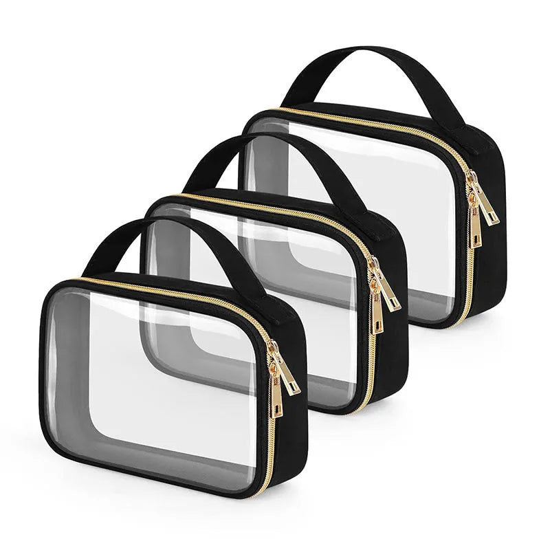 Transparent PVC wash bag with chain handle showing lipsticks inside, available in multiple colours