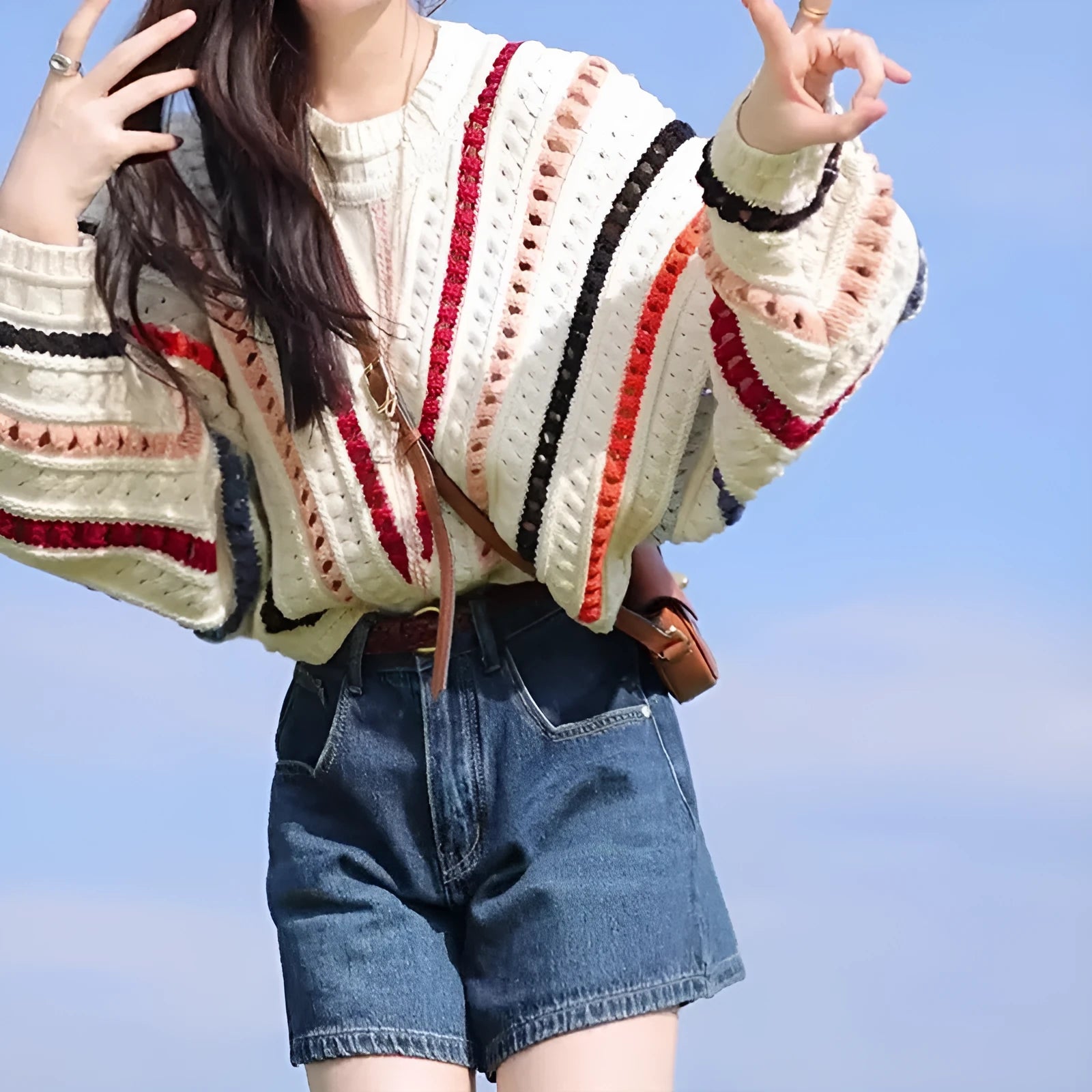 Rainbow striped batwing sleeve pullover sweater with hollow knit design