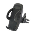 Black plastic car air conditioning vent mobile phone holder showing adjustable clamp for universal device mounting.