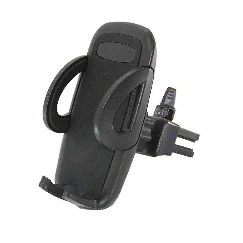 Black plastic car air conditioning vent mobile phone holder showing adjustable clamp for universal device mounting.