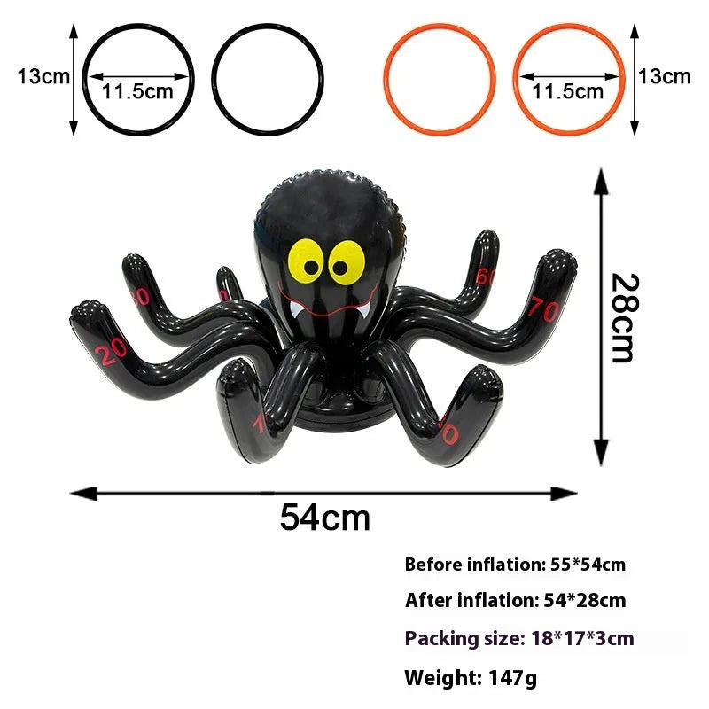 Assorted Halloween inflatable throwing toys including octopus, antlers, witch hat, and spider designs in various colours
