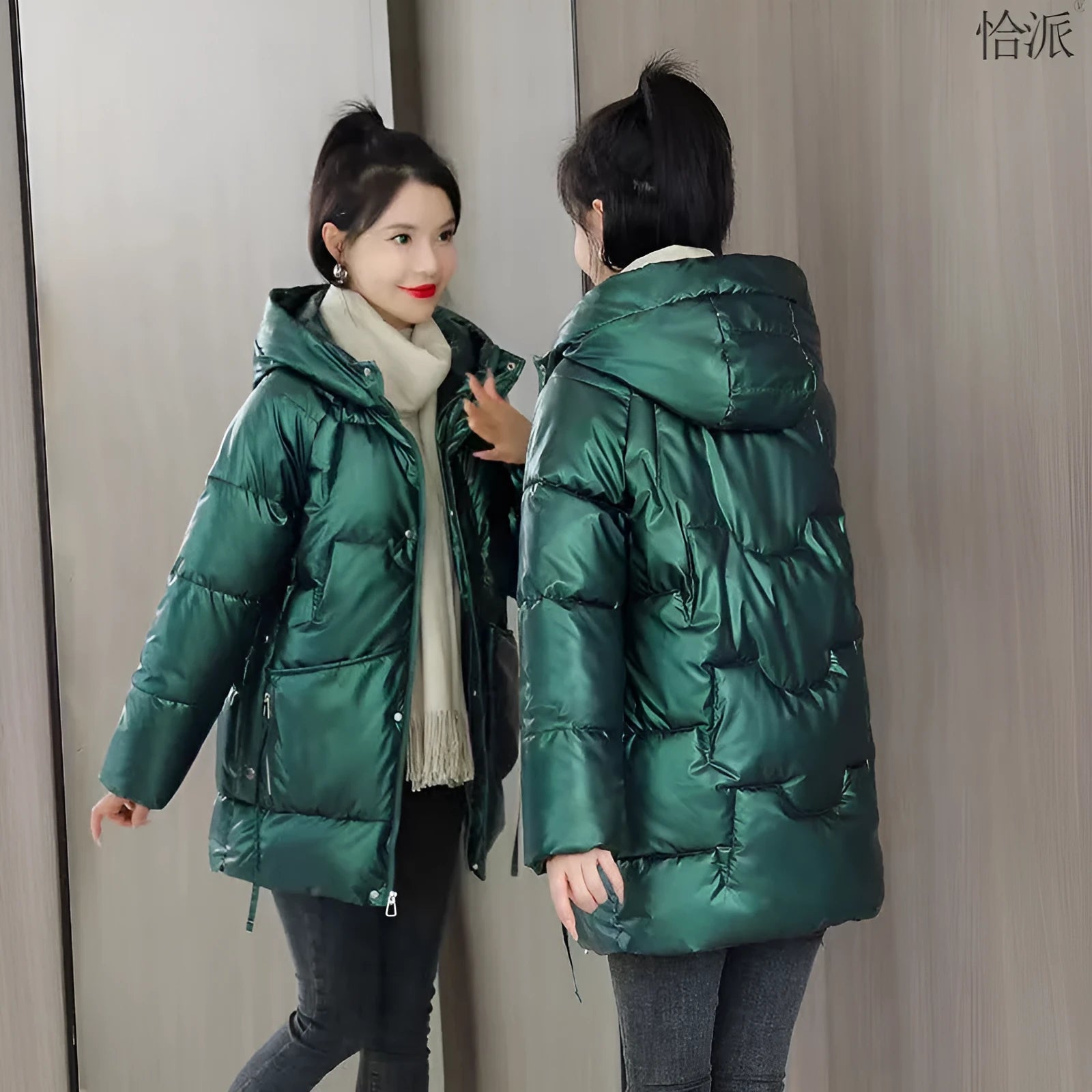Women's loose thick hooded winter jacket in acrylic polyester blend available in four colours