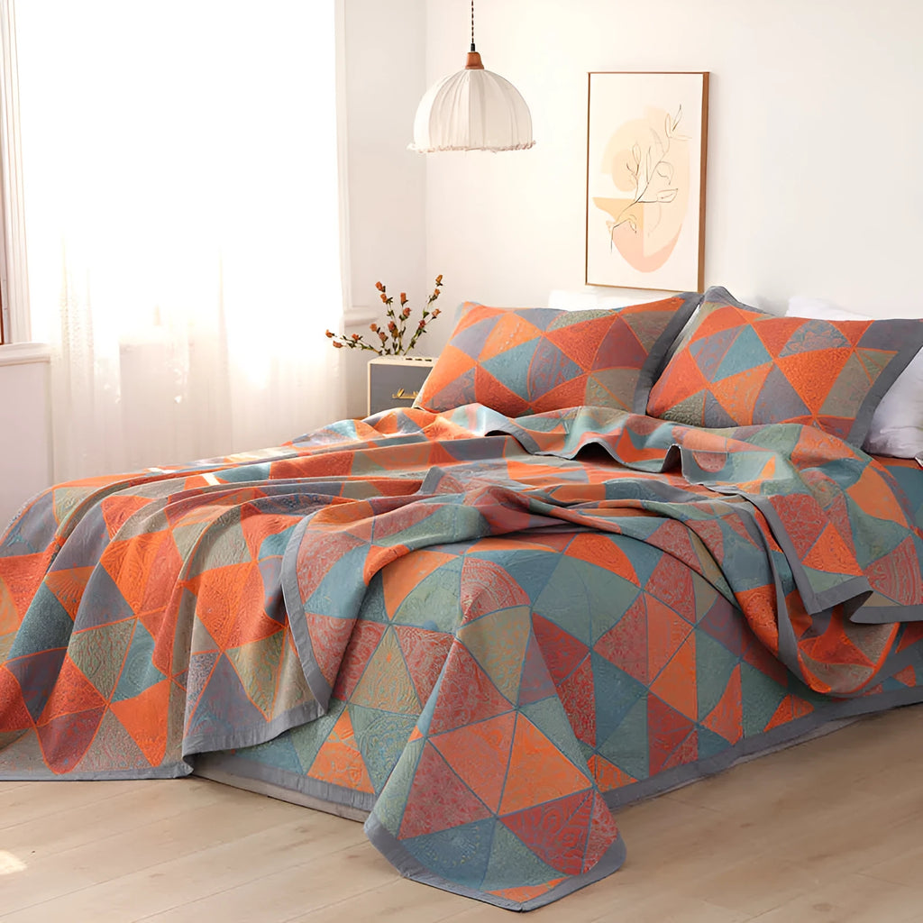 Cotton gauze bed blanket three-piece set with plants and flowers pattern showing blanket and matching pillowcases