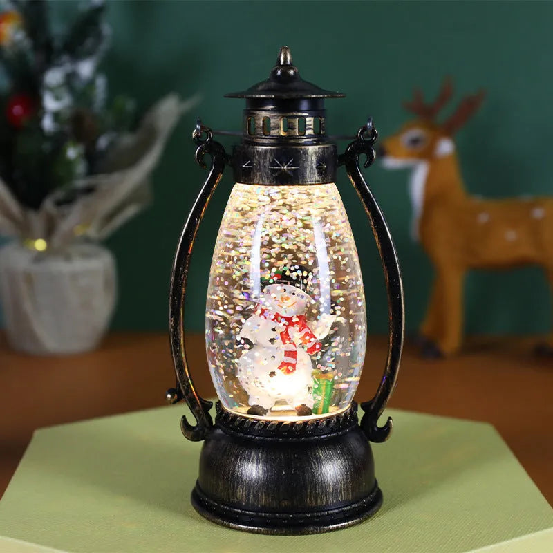 Crystal ball oil lamp desktop decoration with snowman design and battery-powered illumination