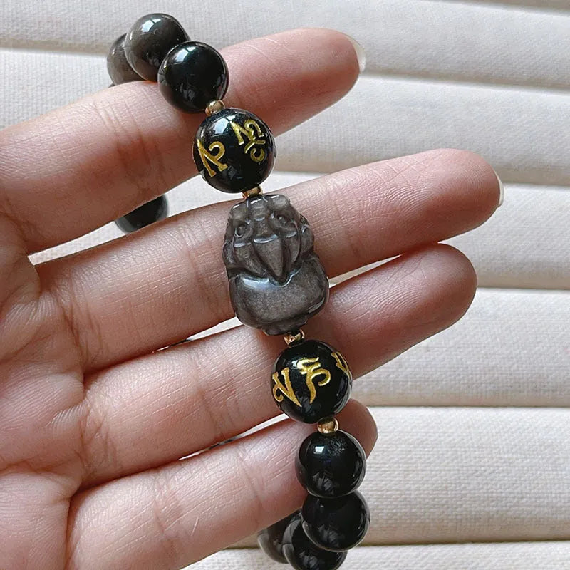 Men's natural silver stone zodiac bracelet with Chinese proverb beads