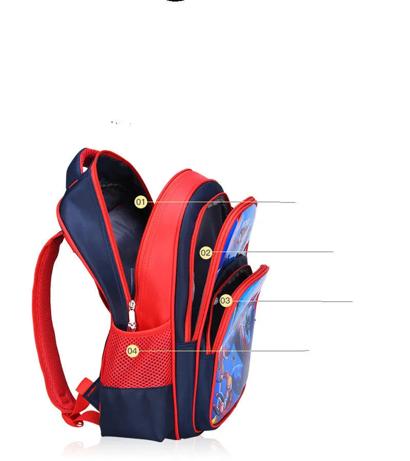 Children's blue cartoon backpack with school books showing internal zipper pocket organisation