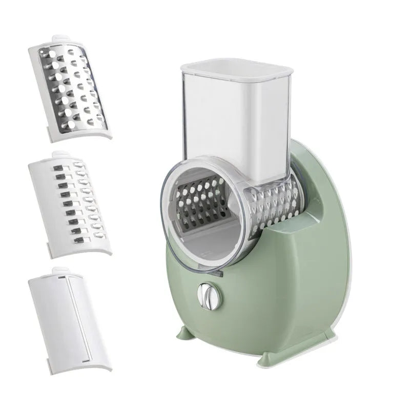 White electric vegetable slicer with suction base and interchangeable blades for automatic cutting