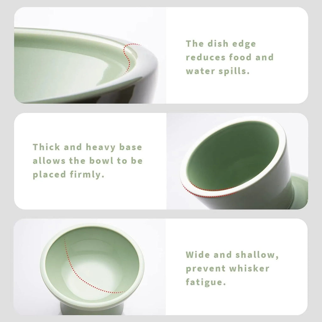 Ceramic elevated cat food bowl with wide shallow 16cm design in blue colour