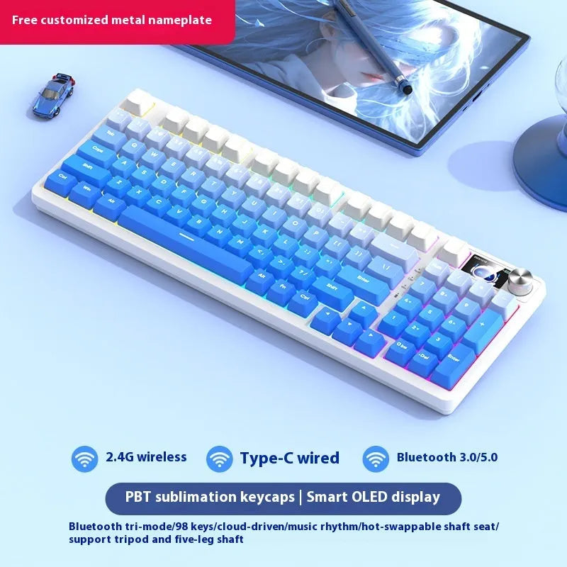 98 key wireless Bluetooth mechanical keyboard kit with metal knob on desk