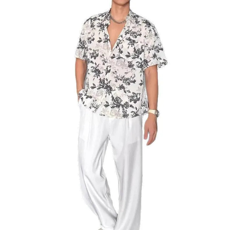 Men's loose fit casual shirt with floral pattern and short sleeves in black or white