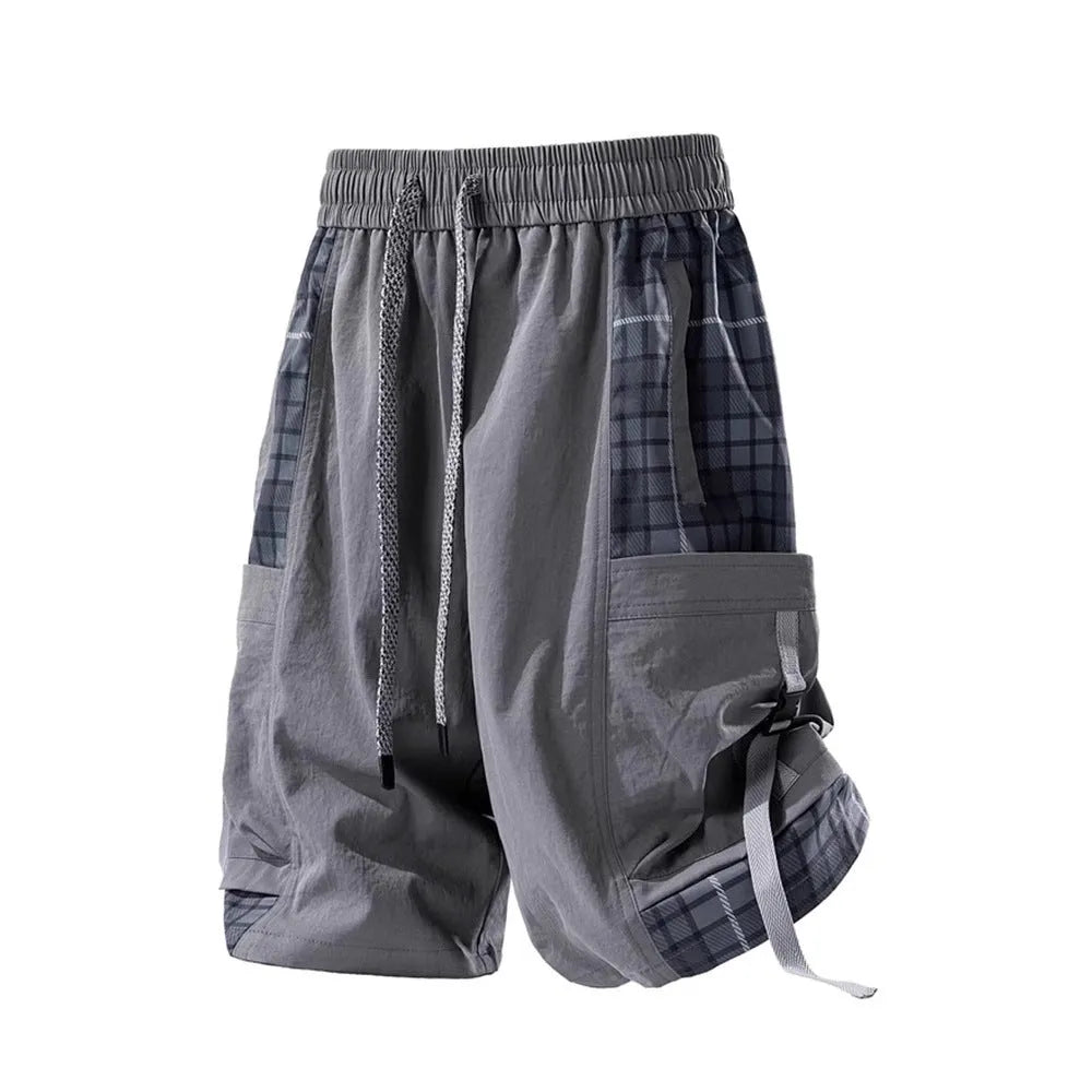 Men's loose fit cargo shorts with plaid stitching in black, grey colours.