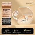 Ear-mounted wireless headphones in black colour with a small digital display screen on the side