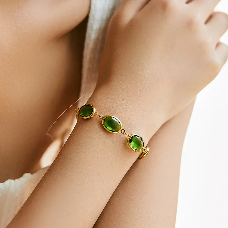18K copper bracelet with geometric ellipse design and blue glass inlay embroidery for women