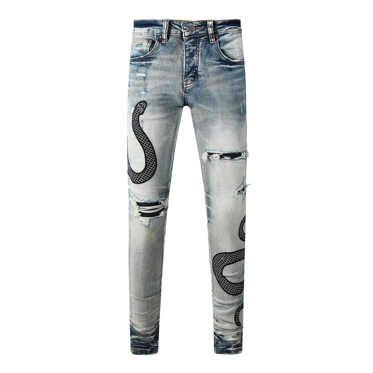 Distressed blue skinny jeans with tapered leg and button fly closure on mid-waist design