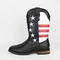 Men's black cowboy boot with five-pointed star suit design and square heel.