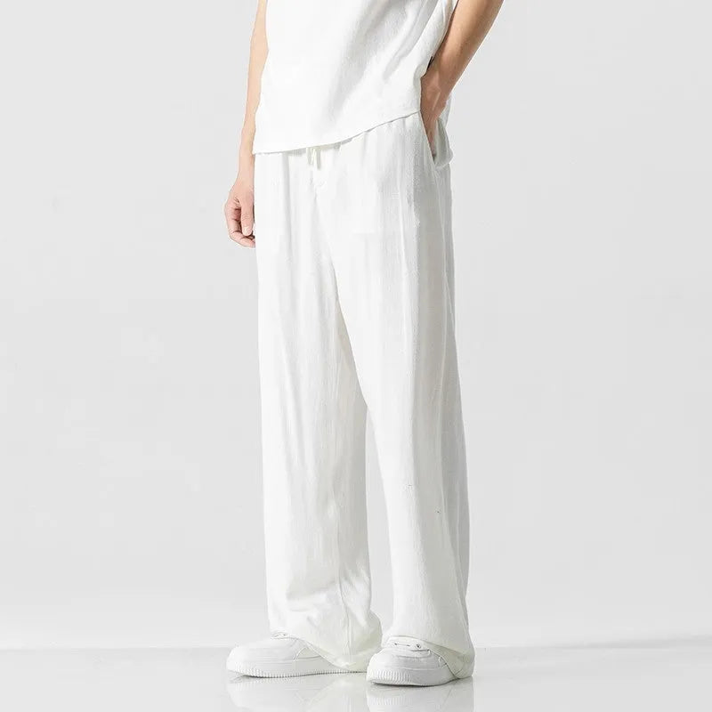 Men's bamboo fibre linen trousers in loose straight-leg cropped cut with drawstring waist