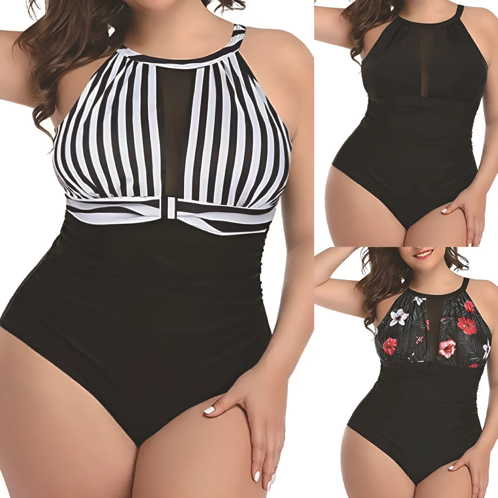 Women's one-piece swimsuit with lace body detail in solid black red flower or stripe pattern polyester fabric sizes L to 4XL