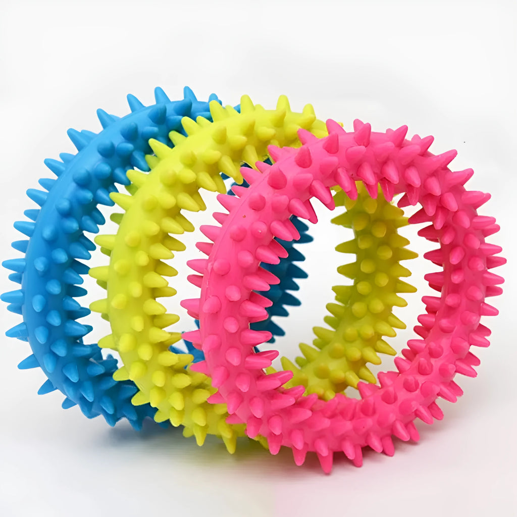 TPR spiky circle ring dog chew toy in blue, green, light blue, pink, rose red, or yellow, 9.5 cm diameter