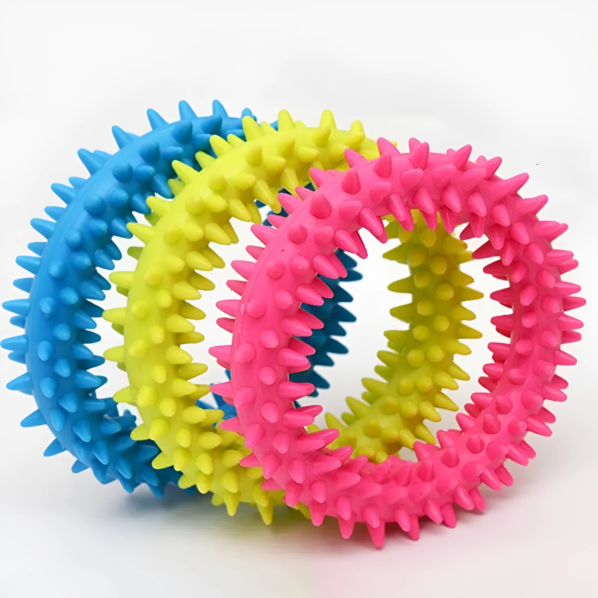 TPR spiky circle ring dog chew toy in blue, green, light blue, pink, rose red, or yellow, 9.5 cm diameter
