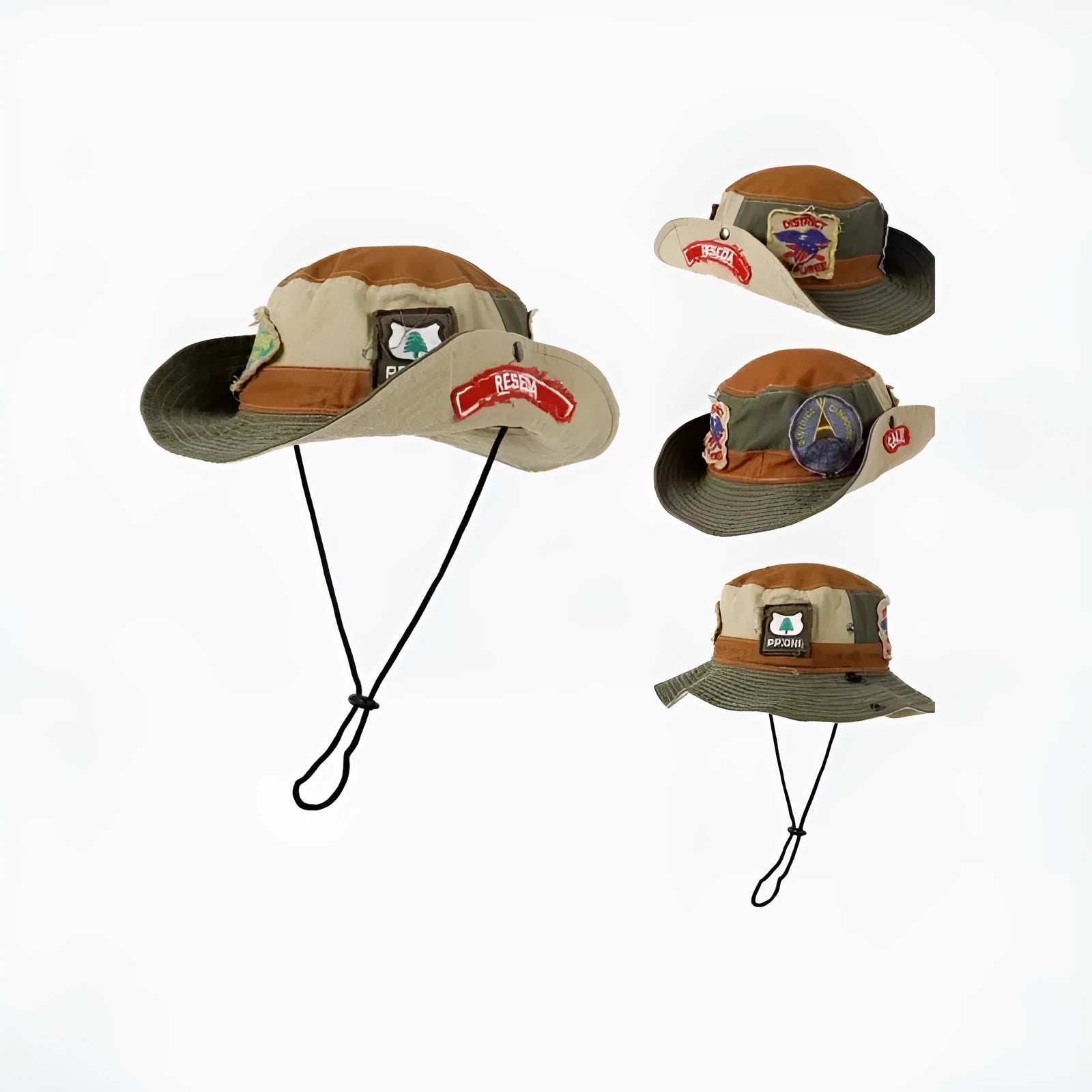 Army green foldable fisherman hat with patchwork design and flat top crown