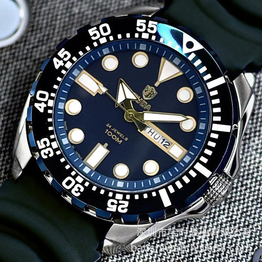 Men's waterproof luminous quartz movement business watch with steel strap in sports style