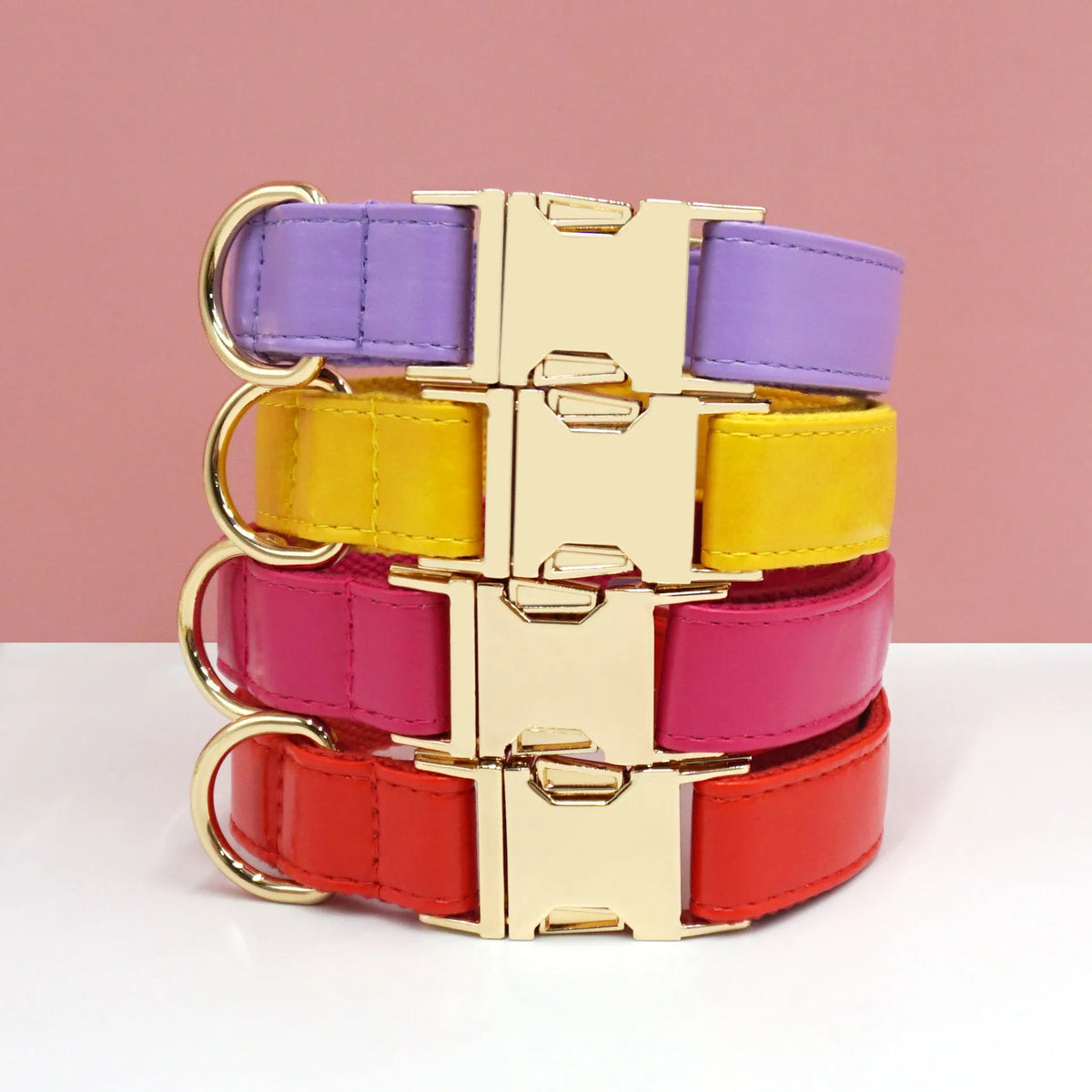 Simple colour blocking leather dog collar shown in a caramel colour, with labelled size options XS, S, M, L, XL.