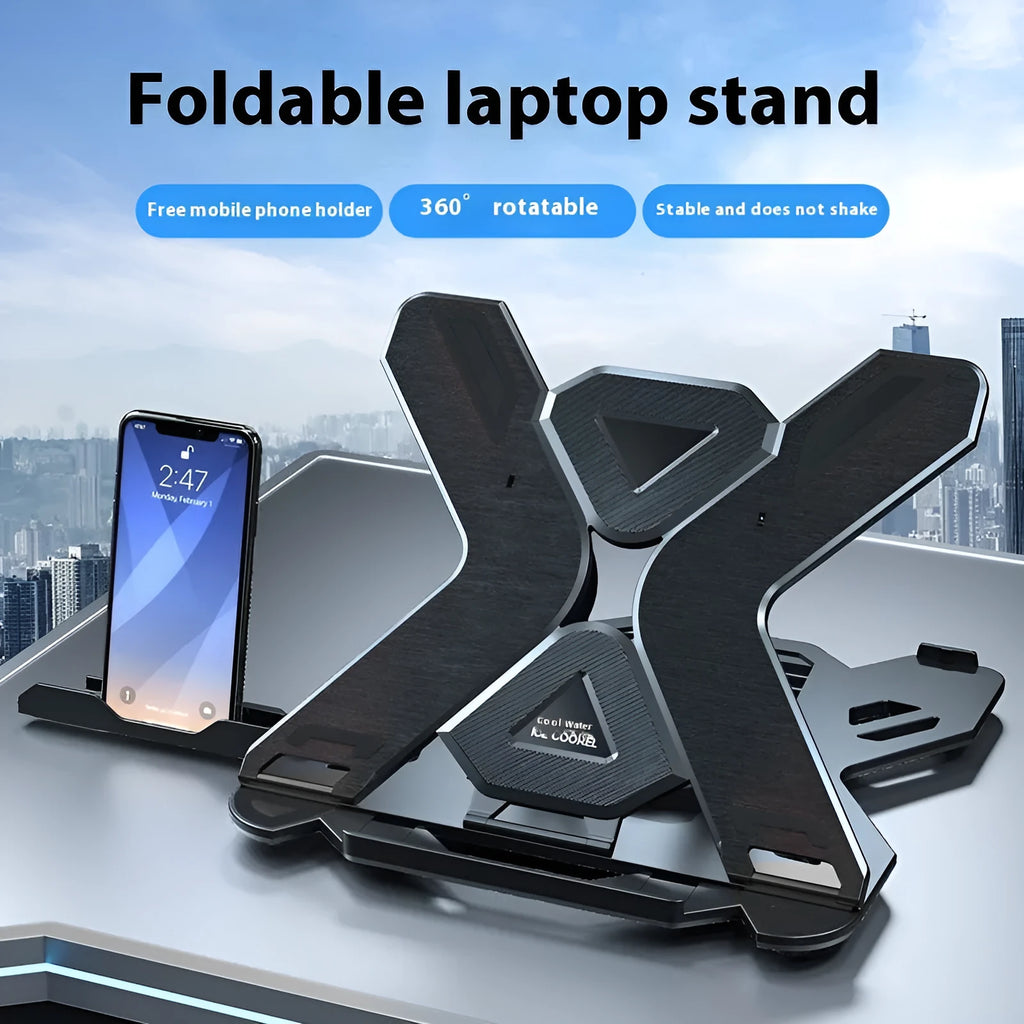 Black ABS plastic laptop cooling bracket with 300mm x 200mm platform showing laptop placement